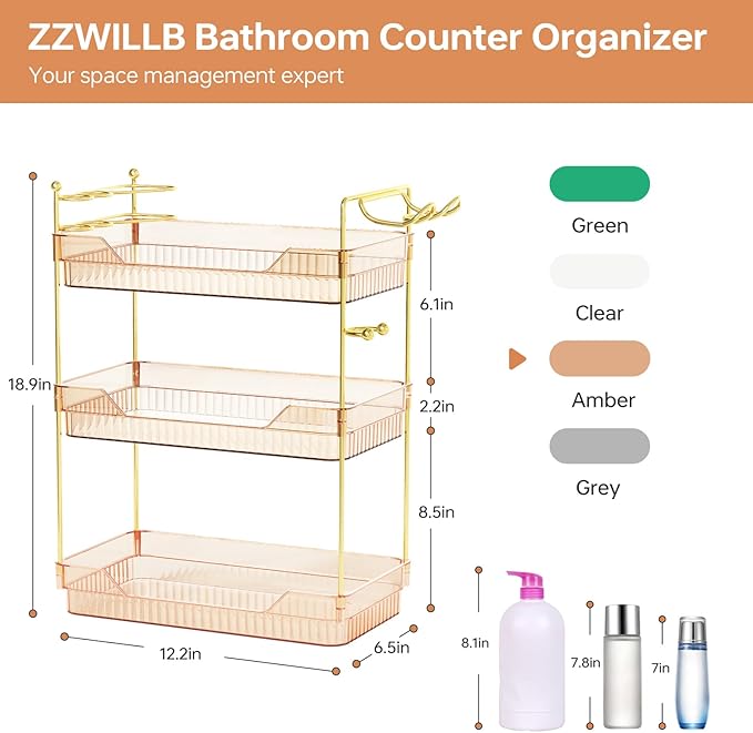 Bathroom Counter Organizer with Hair Dryer Holder and Toothbrush Holder, Acrylic Vanity Tray for Skincare, Perfume, Makeup Storage on Countertop ＆ Dresser (Amber, 3-Tier)