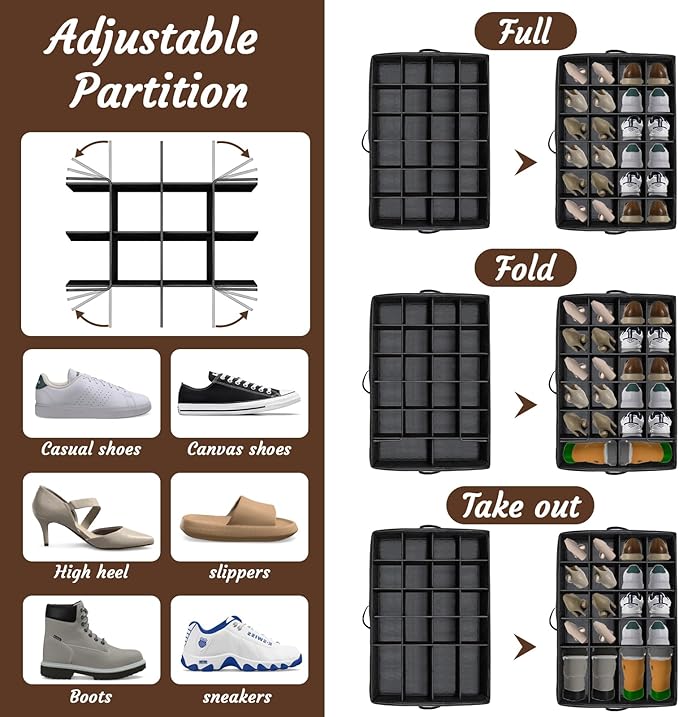 24 Pair Shoe Storage Box, Foldable Closet Shoe Organizer with Adjustable Dividers & Clear Cover, Space-Saving Shoe Containers for Home