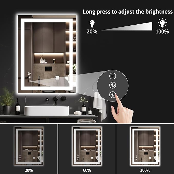 20"x28" LED Bathroom Mirror with Lights, Dimmable, Anti-Fog, Lighted Bathroom Vanity Mirror for Wall, Backlit + Front Lit, Memory Function, Shatter-Proof, Tempered Glass