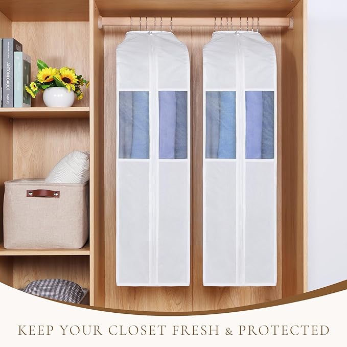 Univivi Premium Cotton Garment Bags for Hanging Clothes, 32 Inch Washable Suit Bags for Closet Storage with Extra Large 10" Gusset & Clear Window - Perfect for Shirts, Short Skirt - 4 Pack