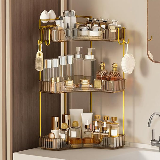 3-Tier Corner Bathroom Counter Organizer，Makeup & Skincare Shelf with Built-in Brush Holder，Space-Saving Bathroom Countertop Organizer for Skincare, Perfume, Cosmetics(Green)