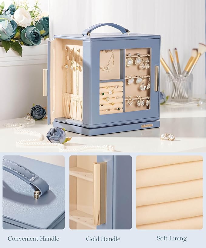 Homde Valentine's Day gifts Jewelry Box 360° Rotating, Necklace Earring Organizer with Transparent Window, Mirror, 7 Drawers, Large Ring Display Storage Case for Girls Women (Grey Blue)