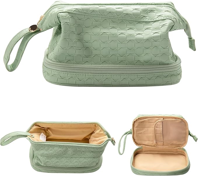 Abiudeng Large Capacity Makeup Bag Ladies Cosmetic Bag Travel Bag with Compartments Portable PU Leather Travel Makeup Bag with Handle