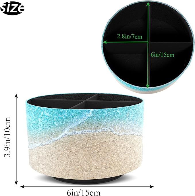 Hennaja Round Leather Art Supply Organizer,Remote Control Holder,360 Degree Rotating,Multi-Functional Pencil Holder,4 Compartments Desktop Stationary Organizer(1-Sandbeach)