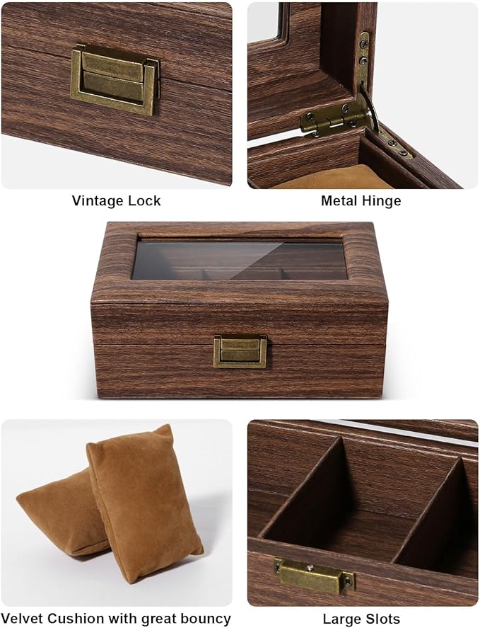 Uten Watch Box 3 Slots, Watch Case Organizer with Real Glass Lid, Wood Grain PU Leather Watch Display Storage Box with Removable Imitation Suede Watch Pillows, Metal Clasp