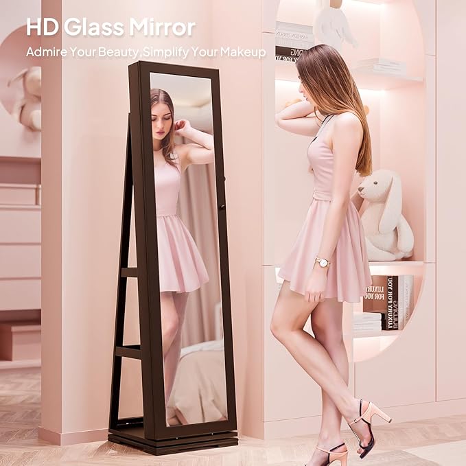 Bonnlo 360° Swivel Jewelry Mirror Cabinet with Inside Makeup Mirror,Full Length Mirror with Jewelry Storage, Lockable Standing Jewelry Armoire Organizer, Espejo Oon Almacenamiento for Bedroom,Brown