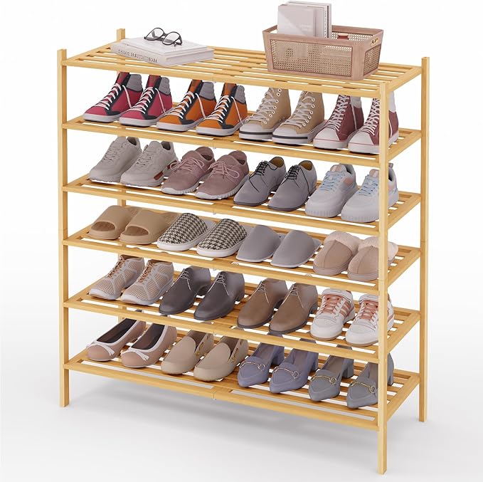Smiry Long Bamboo Shoe Rack 6-Tier, Stackable Wooden Shoe Organizer for Entryway & Closet, Free Standing Wood Shoe Storage Shelf for Front Door & Small Spaces, Natural