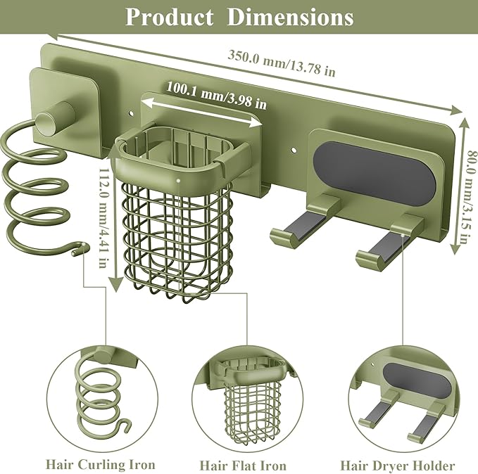 Tindbea Upgraded Aluminum Alloy Hair Dryer Holder Wall Mounted with Built-in Cord Wrap,3-in-1 Hair Tool Organizer for Blow Dryer, curling iron, and straightener, Green