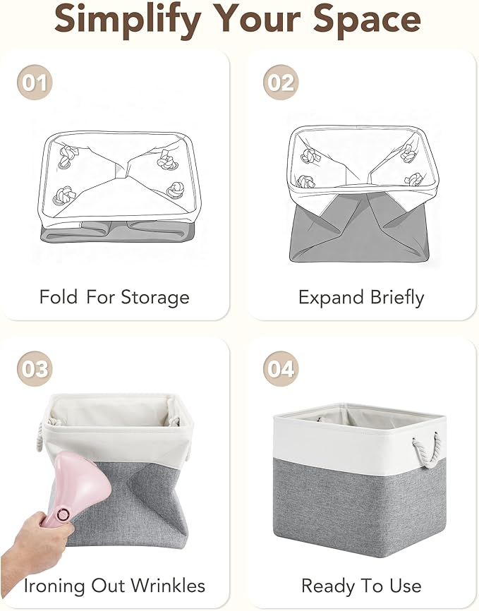 13x15x13 Storage Cube Bins, Heavy Duty Foldable Fabric Storage Bins with Handles and Metal Frame, 6 Pack Large Closet Organizer Bins for Clothes, Socks, Towels, White Grey