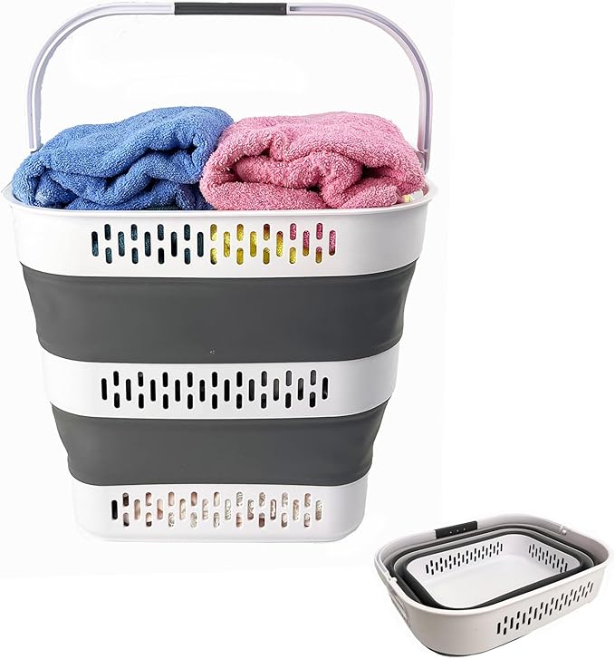 SAMMART 40L (10.5 Gallon) Collapsible Plastic Laundry Basket - Foldable Pop-Up Storage Container/Organizer – Portable Space Saving Laundry Hamper (1, White/Steel Grey)