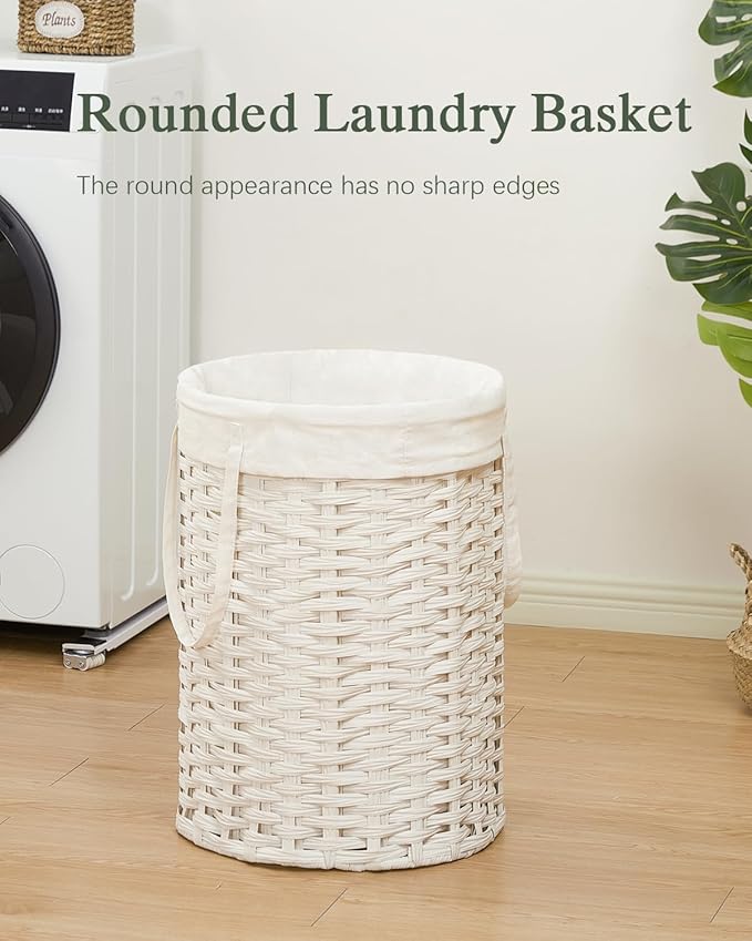 Laundry Hamper Laundry Basket Round 19.0 Gal (72 L) Handwoven Rattan Hamper, Large Wicker Laundry Hamper with Removable Laundry Bag Handles 2 Mesh Bags for Bedroom Living Room White (No Lid)