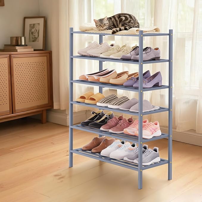 Smiry Bamboo Shoe Rack 6-Tier, Stackable Wooden Shoe Organizer for Entryway & Closet, Free Standing Wood Shoe Storage Shelf for Front Door & Small Spaces, Grey
