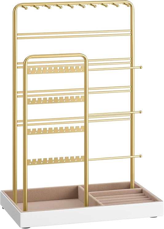 SONGMICS Jewelry Holder, Jewelry Organizer, Jewelry Display Stand with Metal Frame, Velvet Tray, Necklace Earring Bracelet Holder, for Studs, Rings, Gift Idea, Pale Gold UJJS028A01