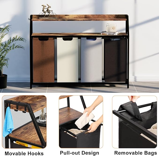 Laundry Hamper, Laundry Sorter 4 Section, Rolling Laundry Basket with Wheels, 2 Shelves, 4 × 14.5 Gal, Pull-Out and Removable Oxford Fabric Bags, for Laundry Room, 4 Colors