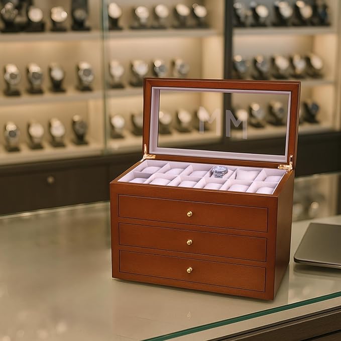Bey-Berk Personalized Cherry Wood 48-Slot Watch Box (Brown), Custom Glass-Top Solid Wood Watch Organizer with Drawers & Velour-Lined Cushions