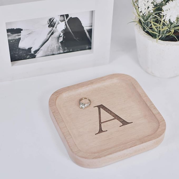 I'm Wooden Personalized Letter Catchall Valet Tray Trinket Dish Jewelry Tray Key Bowl Decorative Plate Organizing Ring Earrings Necklaces Bracelet Watch Coins Wallet Holder (6"x6" Sq Natural A)