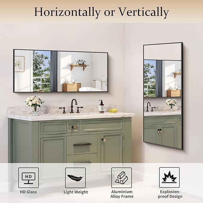 Black Bathroom Mirror for Wall, 20x48 Inch Rectangle Mirror with Metal Frame, Modern Vanity Mirrors for Bathroom Living Room, Entryway Hangs Horizontal or Vertical