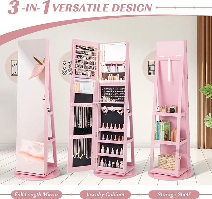 GOFLAME 360° Rotating Jewelry Cabinet with Full-Length Mirror, Freestanding Jewelry Armoire with 3-Color LED Light and Back Storage Shelf, Lockable Jewelry Organizer for Bedroom Cloakroom, Pink