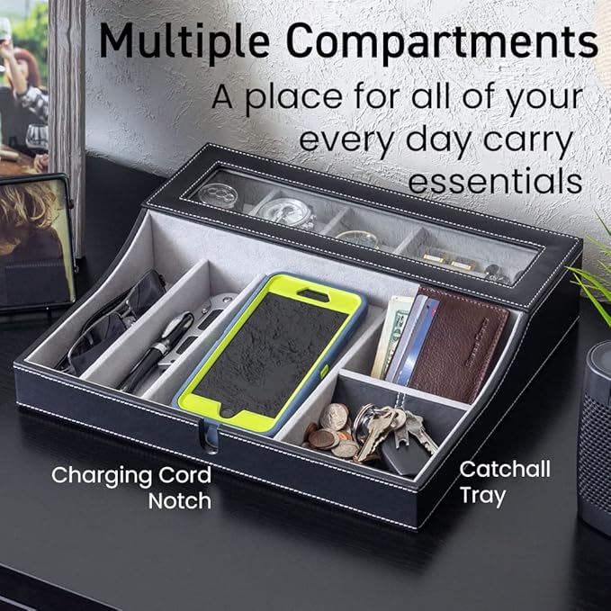 HOUNDSBAY Navigator Large Dresser Valet Tray & Mens Jewelry Box Organizer - Watch Box Organizer for Men with Angled Charging Station (Ivory)