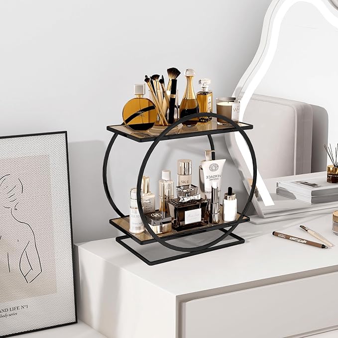 Perfume Organizer for Dresser, Black Bathroom Counter Organizer, 2 Tier Vanity Makeup Organizer, Bathroom Organizer and Storage for Skincare Cosmetic Perfume Display Stand for Bedroom Decor