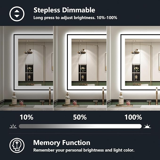 32x36 Inch LED Bathroom Mirror with Lights (Front Lit and Backlit) Black Framed Lighted Vanity Mirror for Bathroom Wall Dimmable Anti-Fog Memory Tempered Glass Horizontal/Vertical