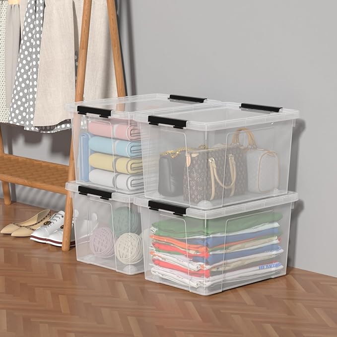 40 Quart Clear Plastic Storage Box with Lid and Wheels, Large Storage Bin, 4 Packs