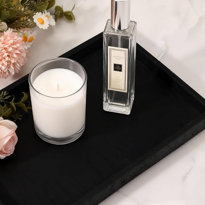 Artificial Travertine Tray, 12"x8" Perfume Tray for Bathroom Counter, Vanity, Home Organizer, Decorative Marble Trays for Perfume, Jewelry, Candles, Coffee, Rectangle, Black