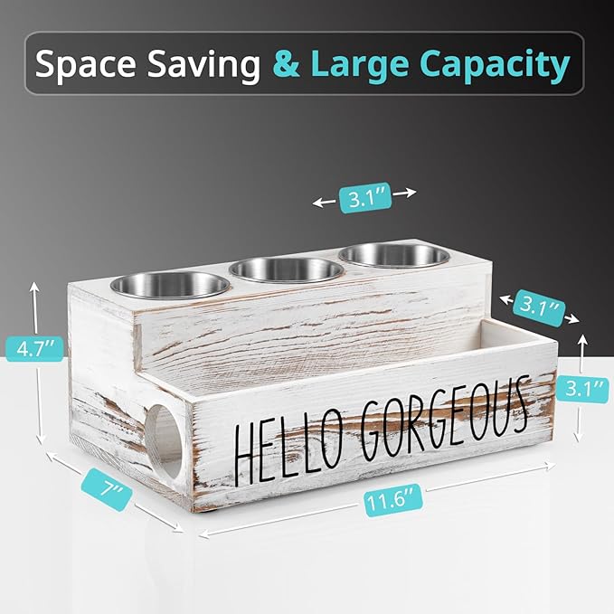 Bivvclaz Hair Tool Organizer, Rustic White Wood Hair Dryer Holder Countertop, Wall Mount Hot Tools Organizer for Hair Styling Accessories, Bathroom Supplies Vanity Caddy for Curling Wand, Blow Dryer