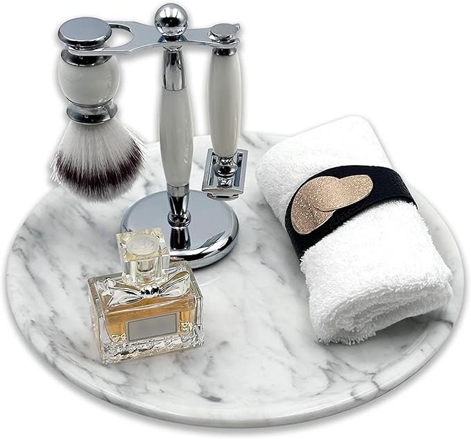 Marmor Natural Marble Bathroom Tray for Perfume & Jewelry, Vanity Decorative Catchall Tray for Countertop, Stone Organizer Dish for Candles, Makeup, Essentials(Statuario White Round Plate)