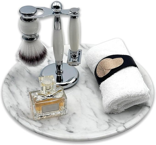 Marmor Natural Marble Bathroom Tray for Perfume & Jewelry, Vanity Decorative Catchall Tray for Countertop, Stone Organizer Dish for Candles, Makeup, Essentials(Statuario White Round Plate)
