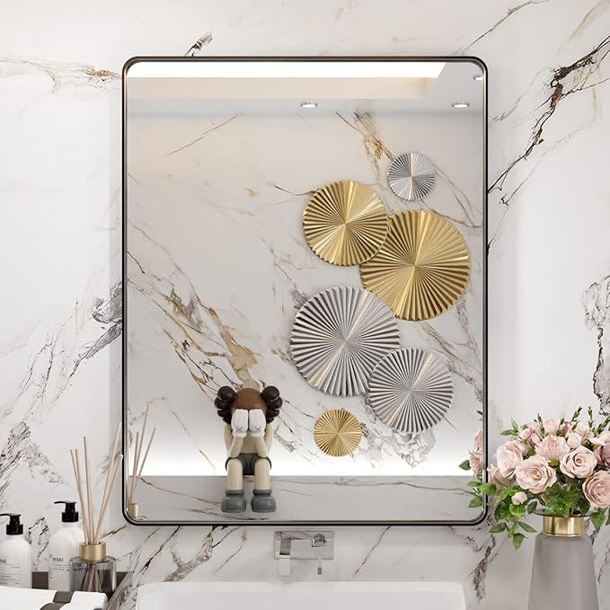 WEER Black Bathroom Mirror for Wall 28X36 Inch, Rectangular Black Metal Framed Vanity Mirror, Farmhouse Bathroom Mirror with Tempered Glass, Rounded Corner, Anti-Rust (Horizontal/Vertical)