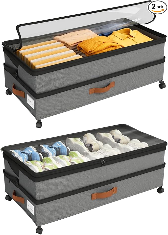Expandable Under Bed Storage with Wheels 2 Pack – Large Under Bed and Closet Storage - Expandable Storage Bins with Lid & Dividers, Low Profile Storage Solution for Clothes, Shoes Great for Dorm Rooms