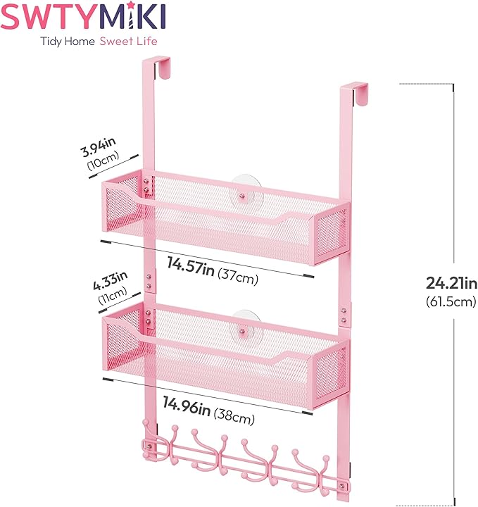 SWTYMIKI Over The Door Hooks Organizer - Multi-Functional Door Hanger with 16 Hooks & 2 Mesh Baskets, Long Coat Rack for Bathroom, Bedroom, Living Room, Home Storage Organizer, Pink