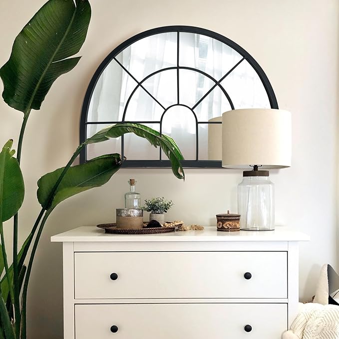 WAMIRRO Black Arched Window Pane Semi-Round Mirror - Farmhouse Mantel Half Circle Mirror for Fireplace, Living Room, Entryway Console Table,Wall Deocr 28"X20"