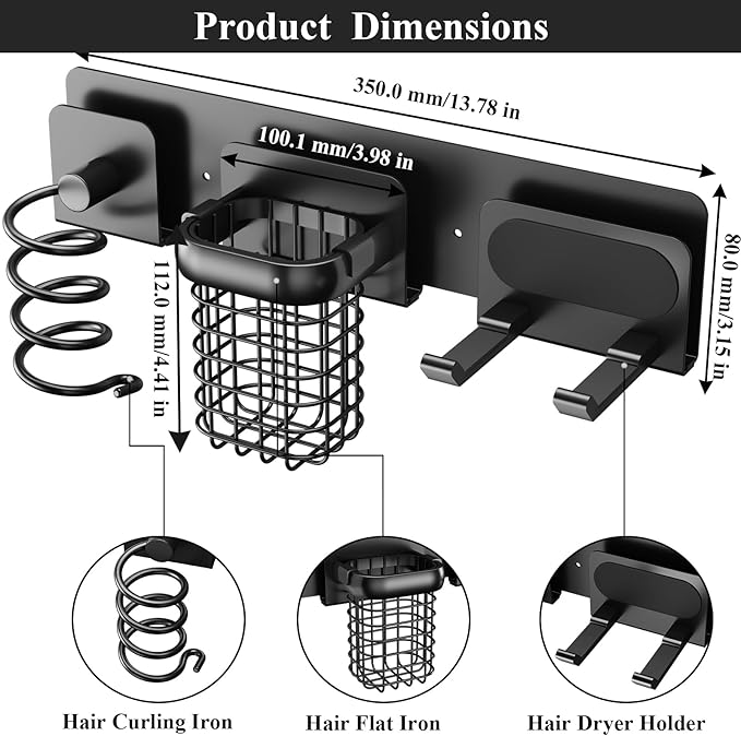 Tindbea Upgraded Aluminum Alloy Hair Dryer Holder Wall Mounted with Built-in Cord Wrap,3-in-1 Hair Tool Organizer for Blow Dryer, Curling Iron, and Straightener, Matte Black