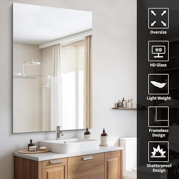 CILIBER Large Frameless Mirror, 55x36 Frameless Bathroom Mirrors for Over Sink, Upgraded Shatterproof Rectangular Wall Mirror for Bathroom,Bedroom,Living Room and Entryway