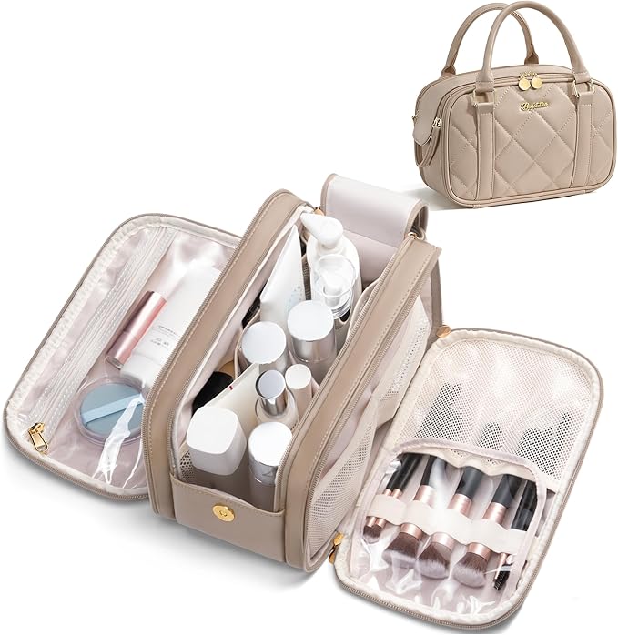Travel Makeup Bag, Large Capacity Quilted Toiletry Bag for Women Stand-up Cosmetic Bag Open Flat Make Up Case Organizer Portable Pouch Purse w/Handle for Traveling Accessories, Camel