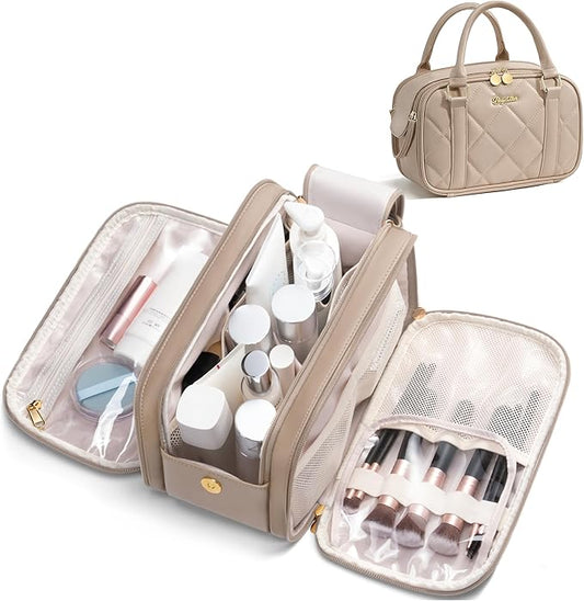 Travel Makeup Bag, Large Capacity Quilted Toiletry Bag for Women Stand-up Cosmetic Bag Open Flat Make Up Case Organizer Portable Pouch Purse w/Handle for Traveling Accessories, Camel