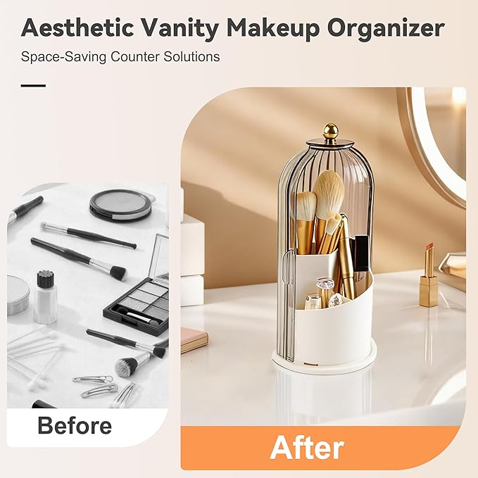 360° Rotating Makeup Brush Holder with Lid, Waterproof Three-Compartment Makeup Organizer, 180° Side-Pull Door Desk Organizer, Dustproof Brush Holder for Vanity and Bathroom (Grey)