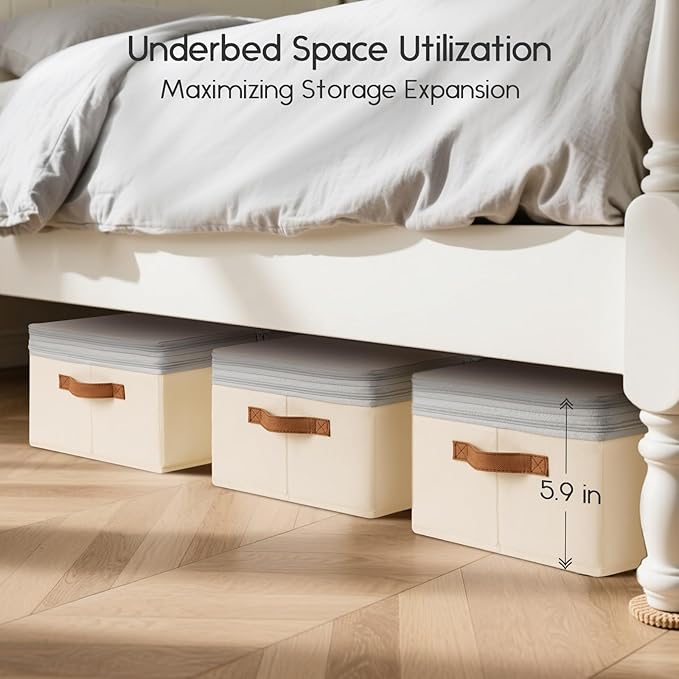 Large Closet Storage Bins - Compression Organizer Bins, Stackable Closet Organizer, Expandable Under Bed Storage Containers for Clothes, Towels, Sheet, 4 Pack, Beige