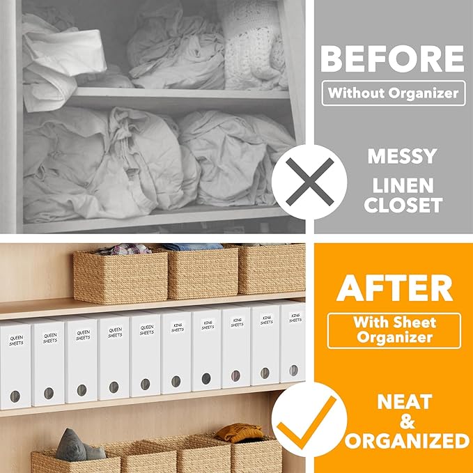 SpaceAid 10 Pack Bed Sheet Organizers and Storage, Foldable Sheet Organizer for Linen Closet, Sheets Set Folder Keeper with Window XL (Queen & King Size) Organizing Bedding Container, White