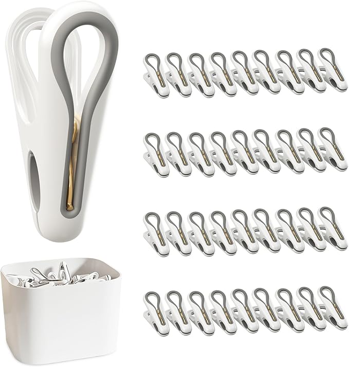 Plastic ClothesPins Heavy Duty Out door 36 Pack with Storage Box, 2.5-Inch Chip Clips with Non-Slip No-Trace Design for Laundry, Drying Clothes,Towels, Crafts, Picture, Food Clips, Home Use and Travel