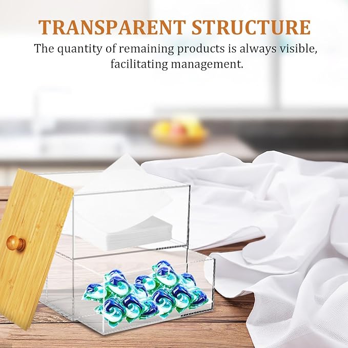 Laundry Pod Containers Acrylic Dryer Sheet Holder Stackable Laundry Room Organization with Storage Drawers and Bamboo Lid,Clear Detergent Dispenser for washer Organizing and Decor