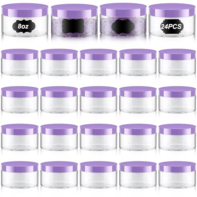 Dandat 24 Pcs 8 oz Plastic Jar Container with Lid and Label Refillable Empty Round Clear with Purple Pet Cosmetic Sample Slime Containers for Lotion, Cream, Ointments Body Butter Makeup Travel Storage