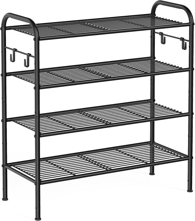 SONGMICS Shoe Rack, 4-Tier Shoe Organizer, Metal Shoe Shelf Storage with 4 Side Hooks, Holds 16 Pairs of Shoes, Height-Adjustable Shoe Rack for Entryway, Hallway, Closet, Ink Black ULMR069B01