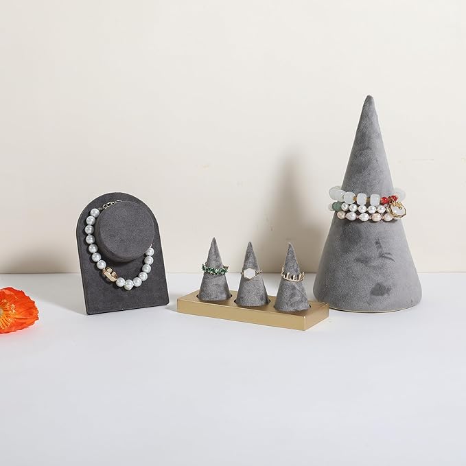 GemeShou grey jewelry ring display holder for selling, velvet ring cone display stand, cute cone shaped ring holder with golden coated base,Small jewelry ring storage organizer【Ring holder-grey】