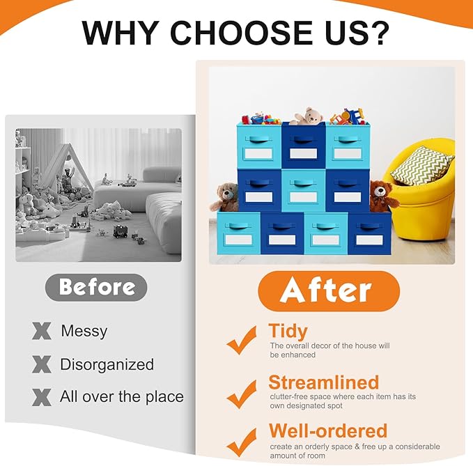 10 Pcs Fabric Storage Cubes with Labels 11 Inch Collapsible Cube Organizer Baskets with Window Cards for Shelf Nursery Clothes Book Toys Storage Bin(Lake Blue, Navy Blue)