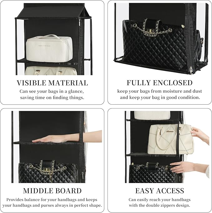 8 Grids in 1 Pack Hanging Purse Handbag Organizer with Double Zippers, Visible Purse Organizer for Closet, Fully Enclosed Purse Storage Holder-Black