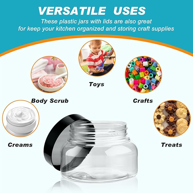 Dandat 24 Pcs 8 oz Plastic Jar Container with Lid and Label Refillable Empty Round Clear PET Cosmetic Sample Slime Containers for Lotion, Cream, Ointments, Body Butter, Makeup, Travel Storage