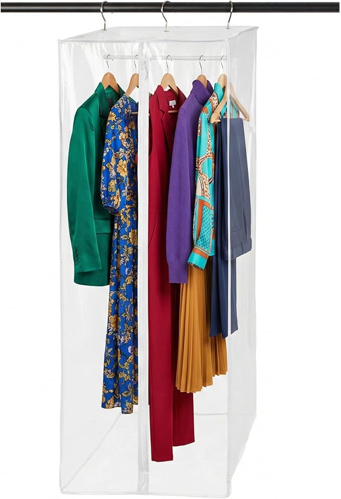 Garment Bag - Clear Hanging Closet Organizer - Durable Zippered Cover with Rod Protects Dresses, Suits, and Jackets from Dust and Moist- Top Metal Frame to Keep All Your Stuff in Shape- 42" x 20" x 15